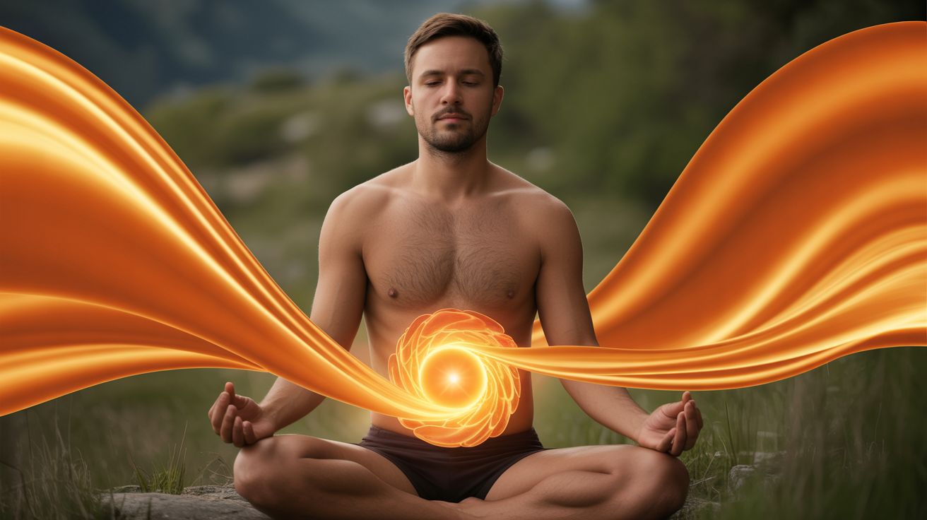 Muškarac u meditaciji sa narandžastim energetskim vrtlogom Svadhisthana čakre ispod pupka