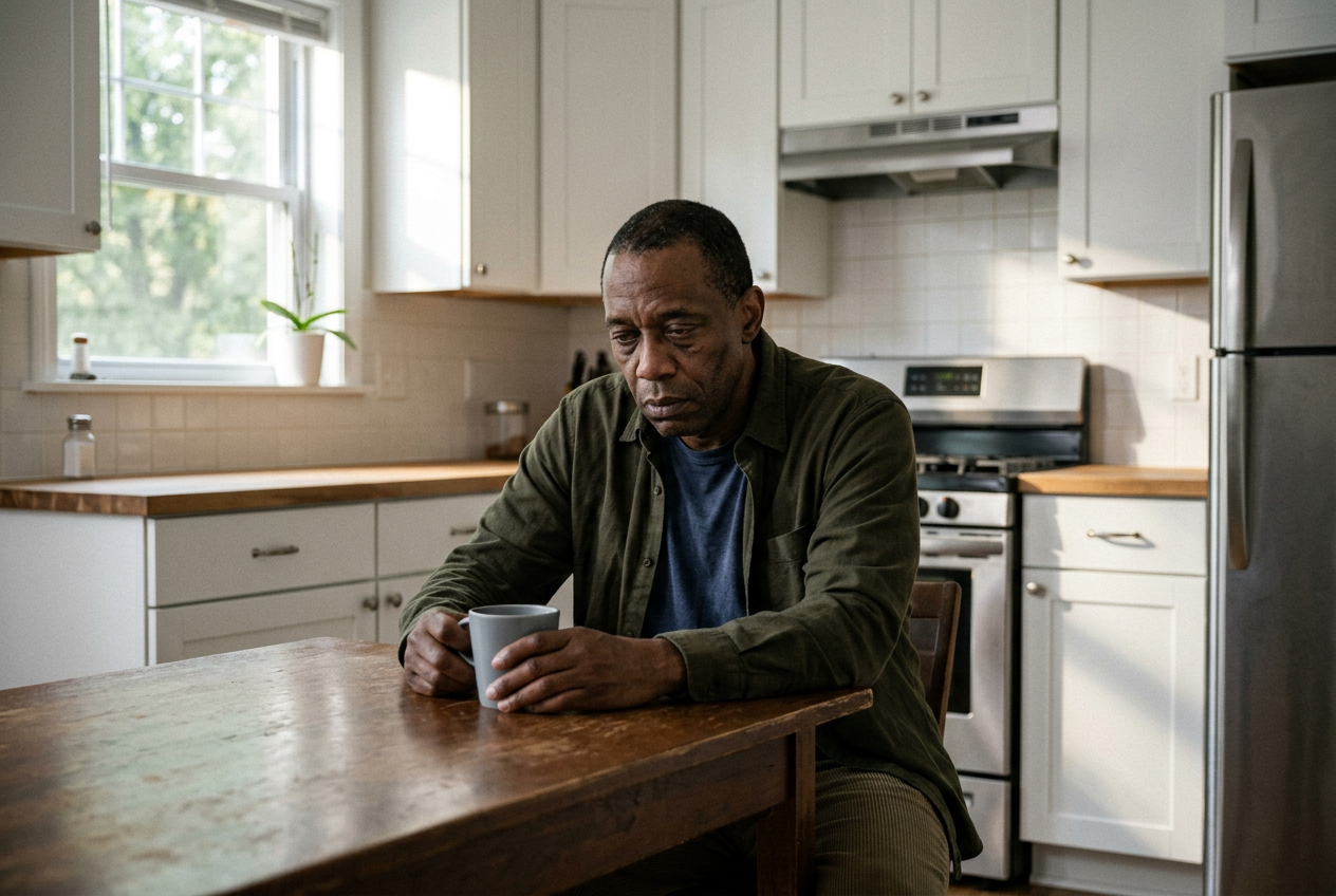 A man sitting heavily at a kitchen table in the middle of the day, visibly exhausted, staring blankly at nothing