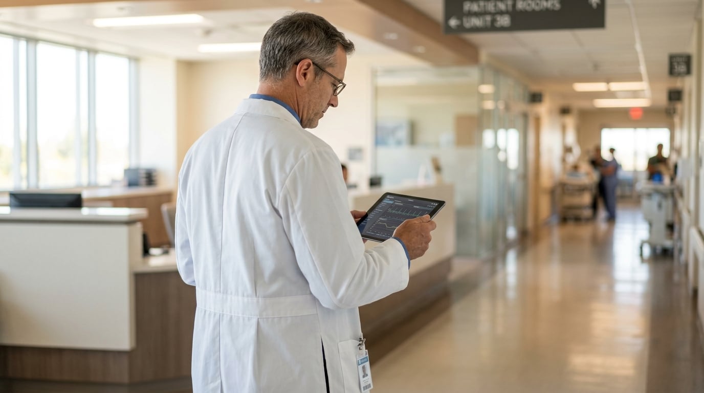 Doctor using digital tablet in clinical setting