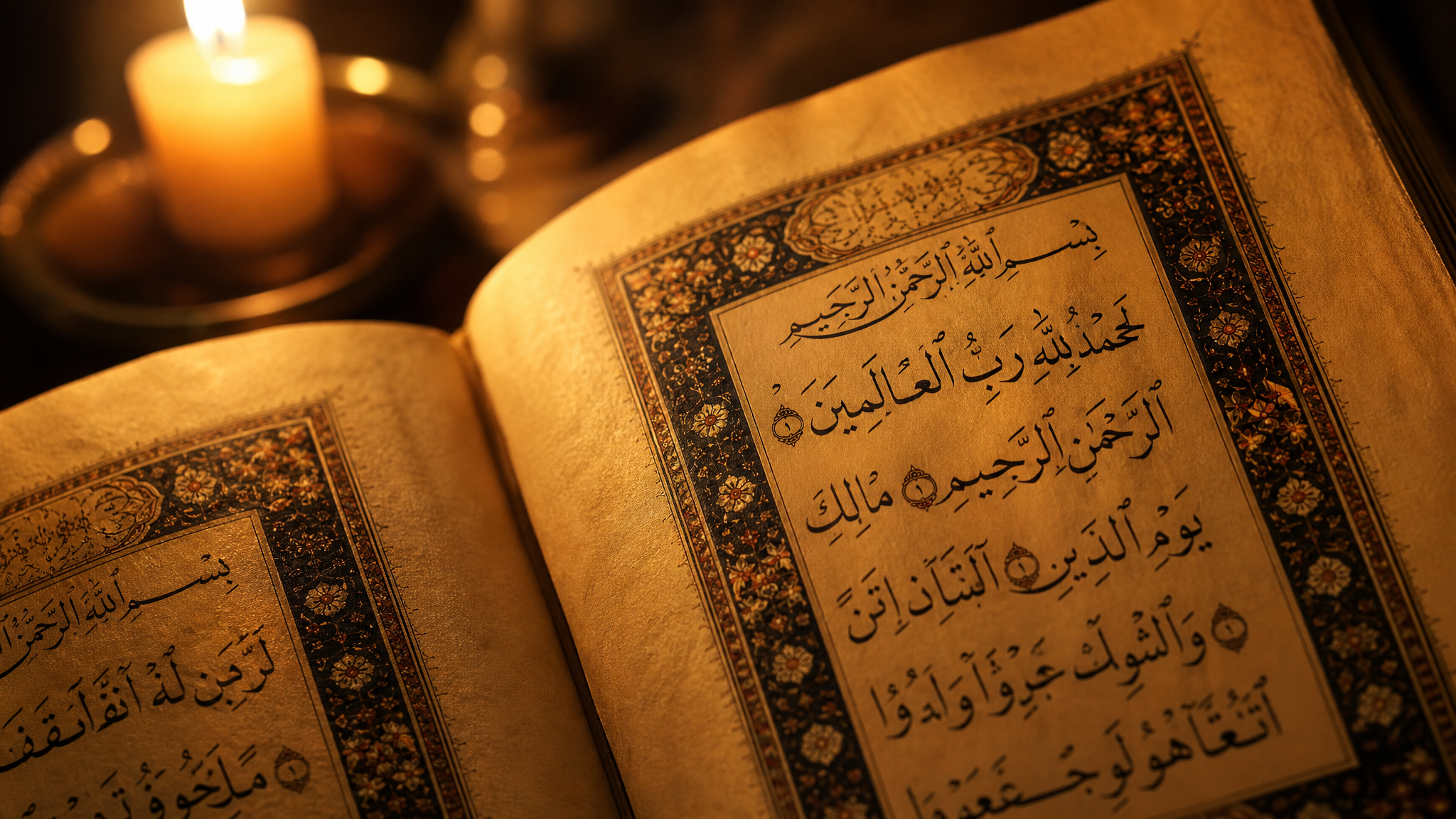 Aged scripture pages illuminated by warm golden candlelight