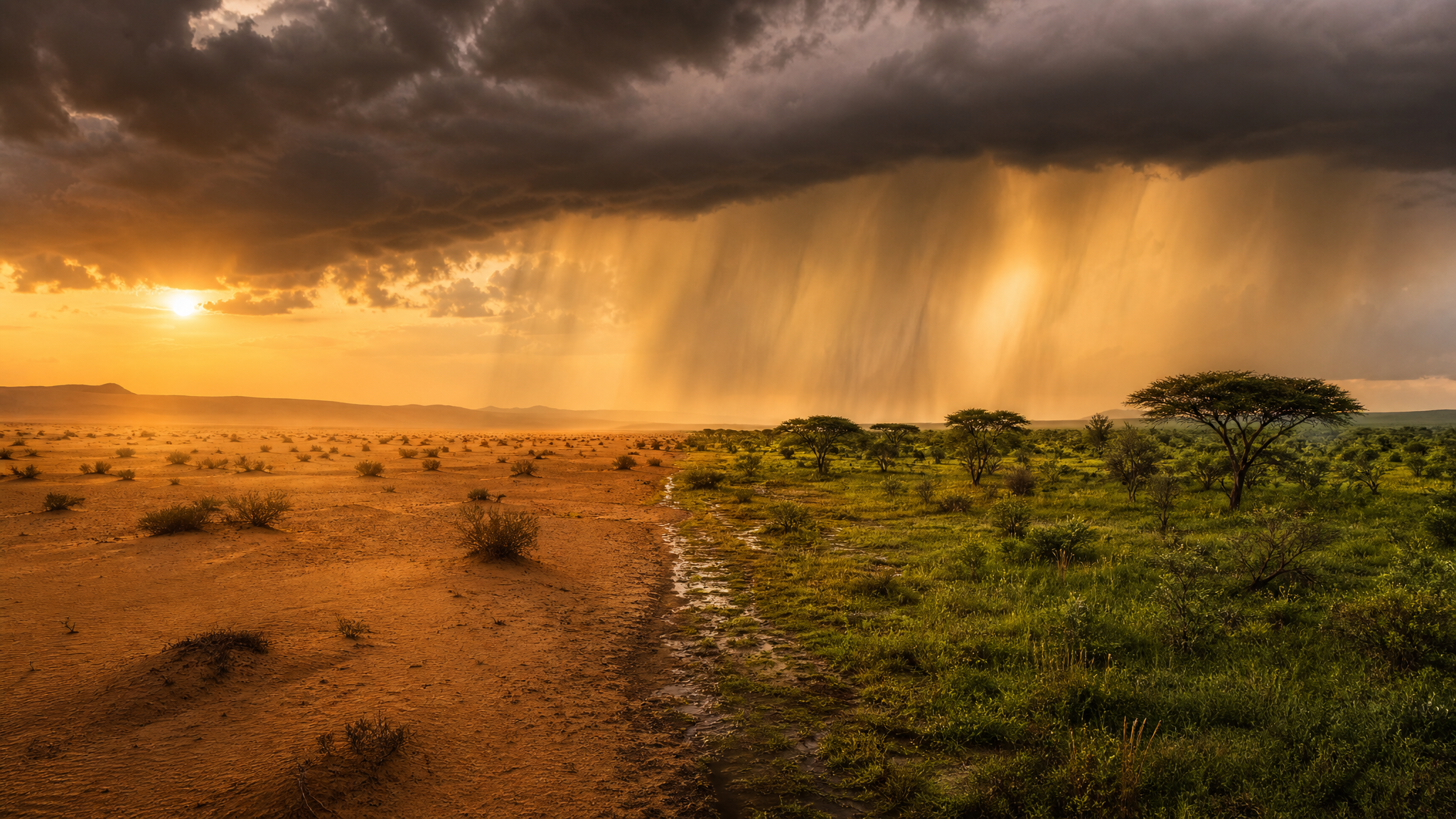 Half desert, half green savanna with rain falling between them — the transformation of arid land