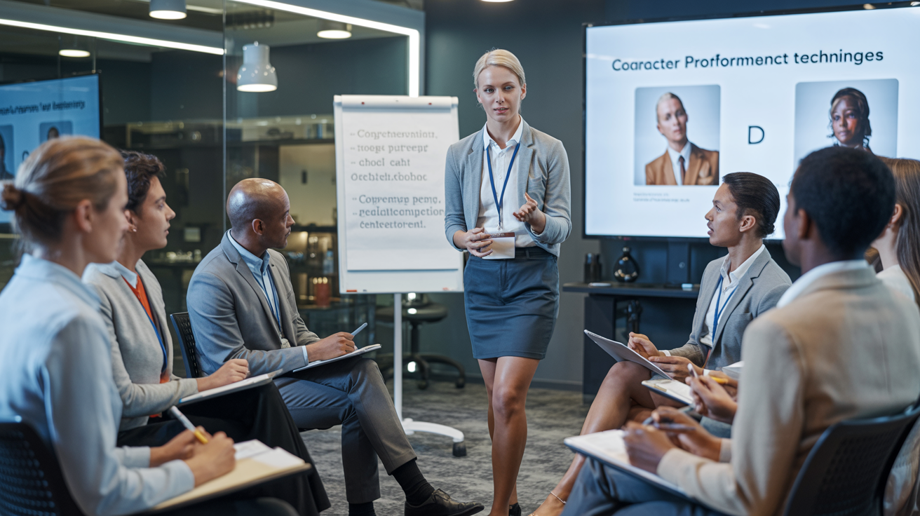 Professional training workshop for character mascot performers in a corporate training facility