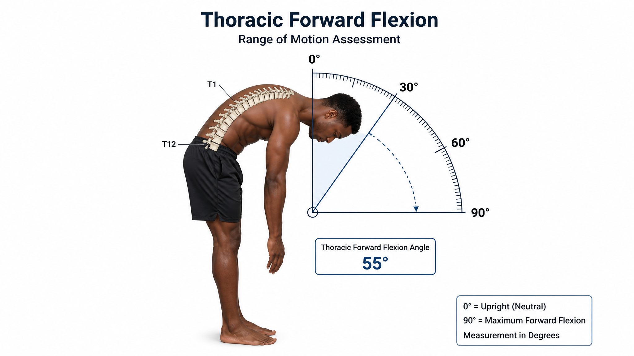 Labeled teaching diagram on a white background showing goniometer measurement of thoracolumbar forward flexion, 0 to 90 degrees