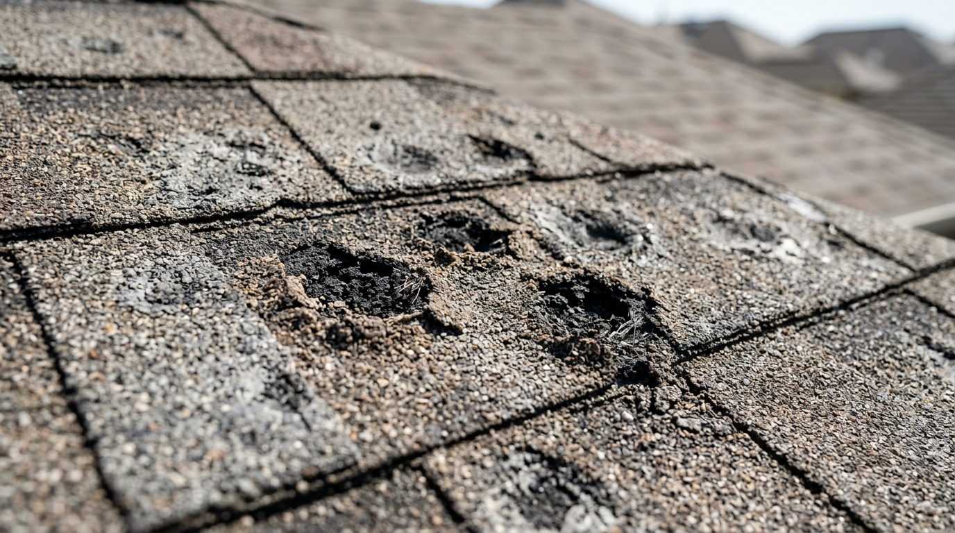 Close-up of hail-damaged asphalt roof shingles showing missing granules and impact marks