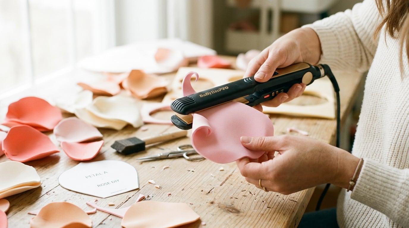 Hands shaping an EVA foam flower petal with a flat iron on a bright craft table