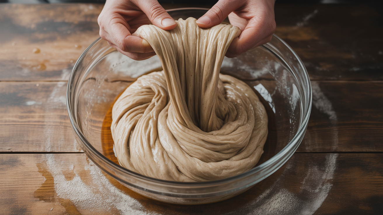Overhead view of extremely wet, glossy 85% hydration sourdough dough being coil-folded in a clear glass bowl, with stretchy strands pulling upward and wet hands