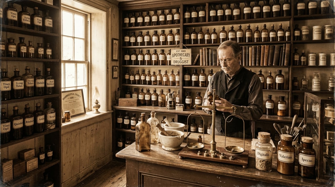 Vintage apothecary scene representing the history of glandular therapy
