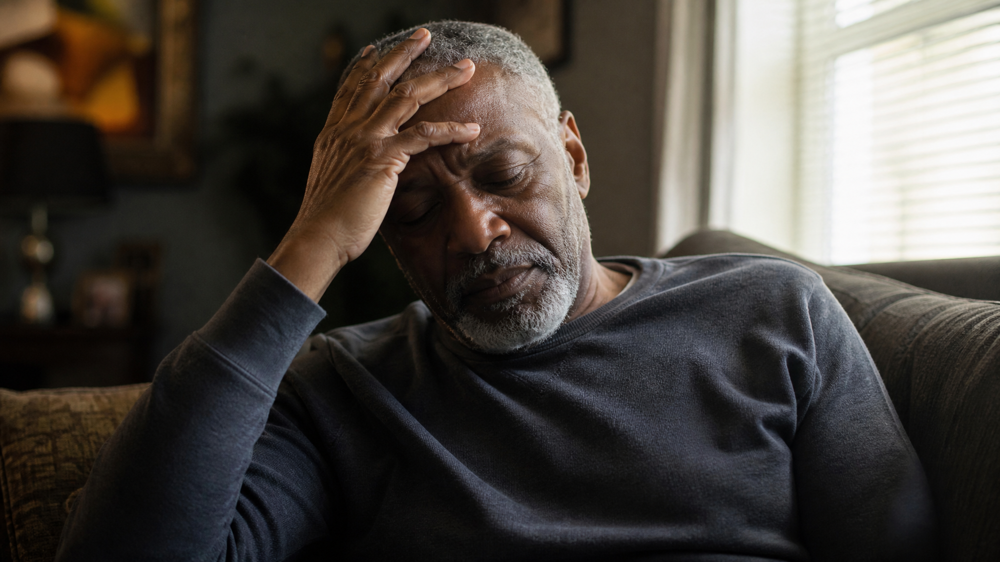 Older Black male veteran sitting on a couch showing profound fatigue and exhaustion