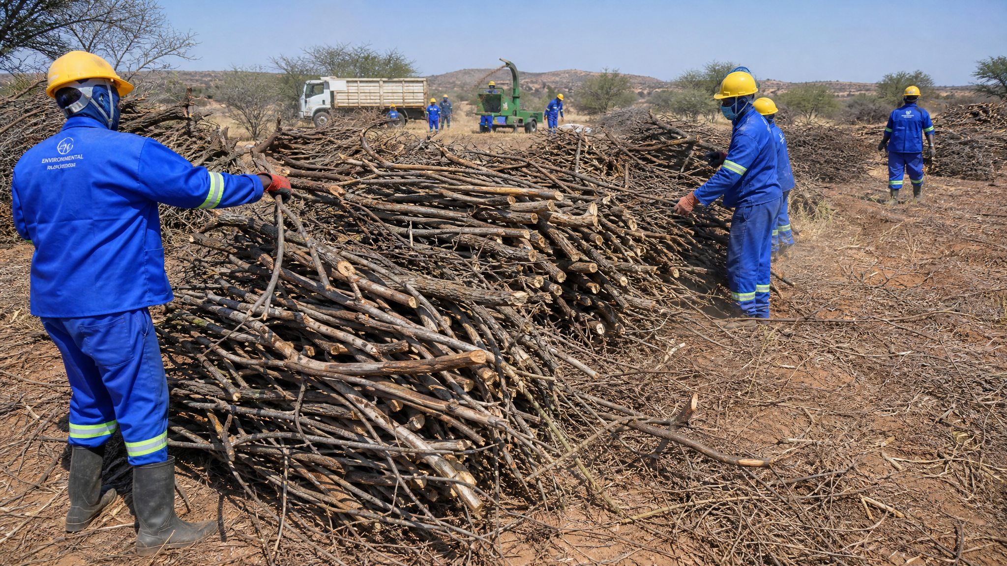 Harvested encroacher bush biomass staged for mobile pyrolysis