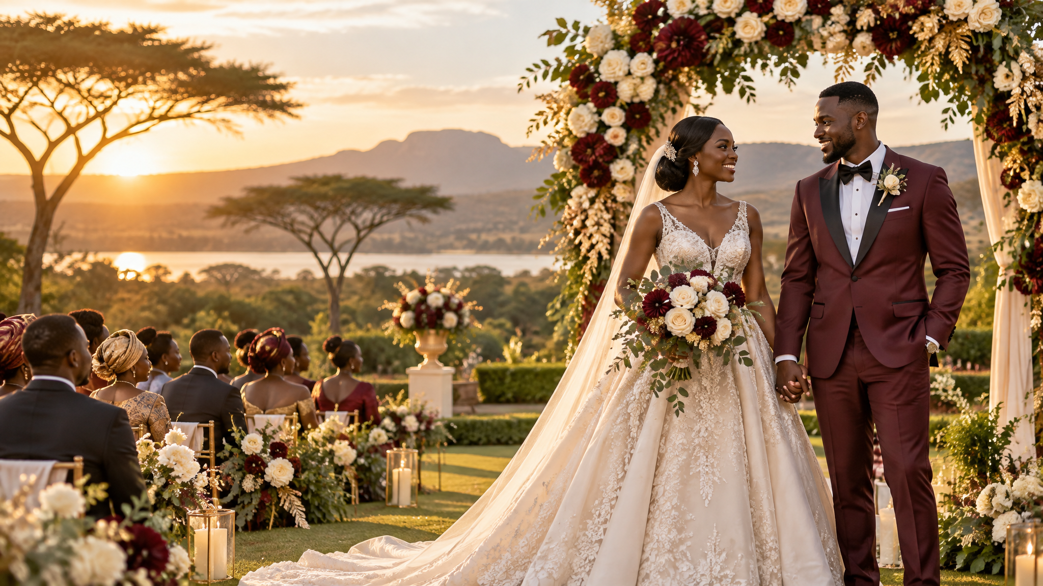 Elegant outdoor wedding ceremony in Bulawayo with floral arch and golden light