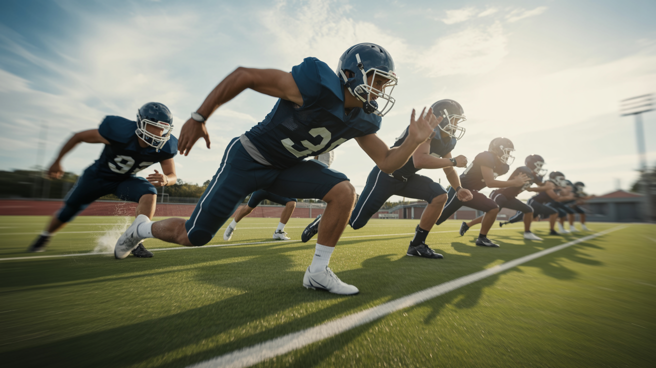Football athletes running sprints on the football field during practice