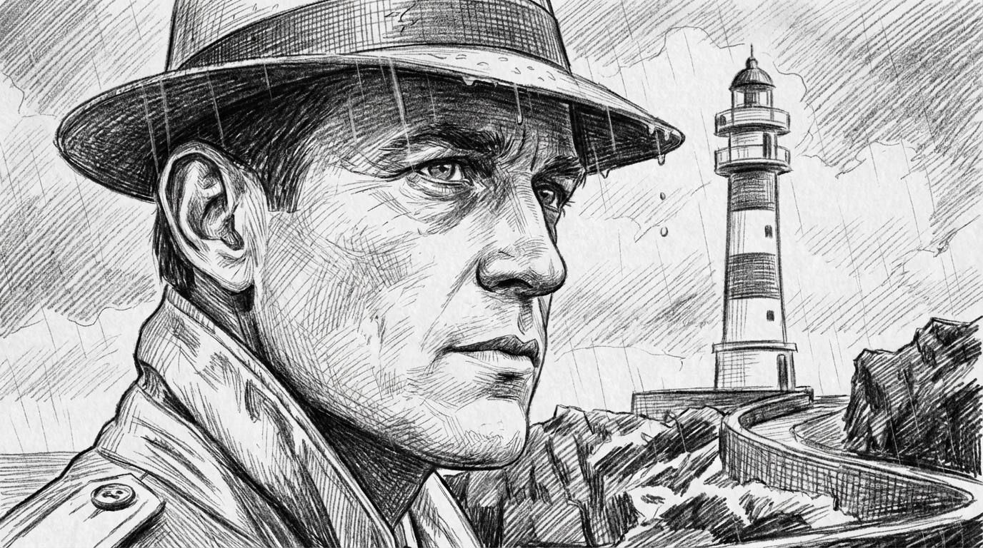 Close-up storyboard frame showing Marcus approaching the lighthouse in the rain