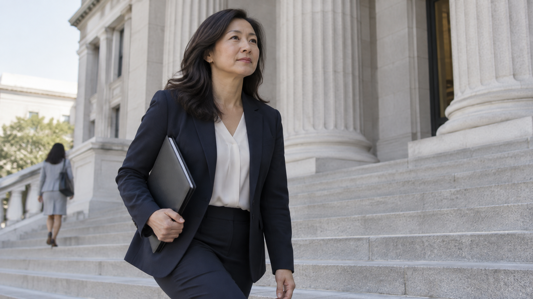 A woman veteran walking up the stone steps of a columned building with a folder under her arm