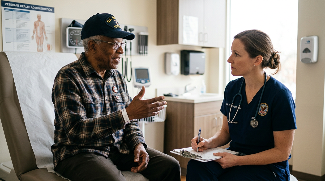 A senior veteran describing his symptoms to a VA physician who is listening and taking notes during a clinic exam