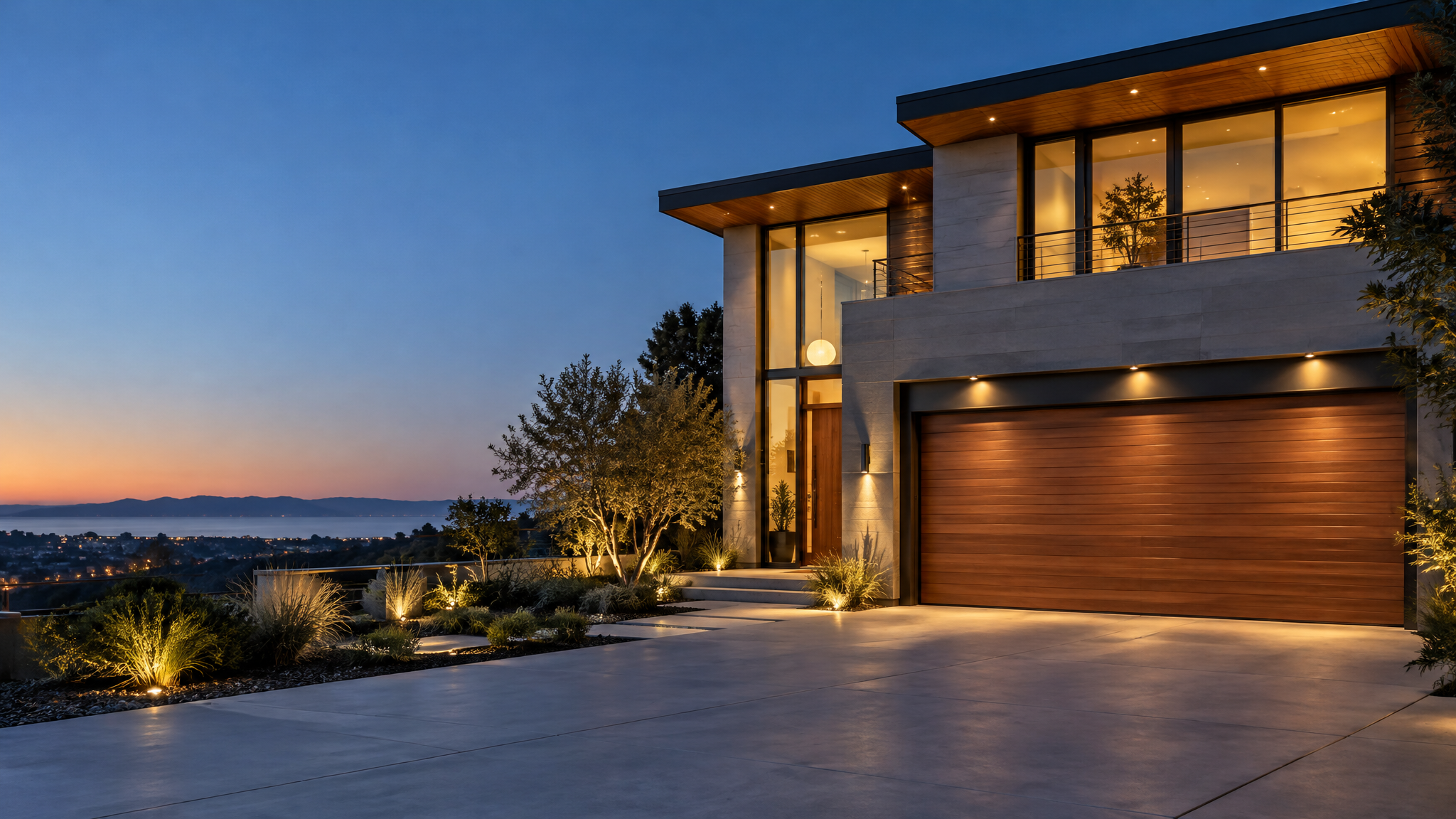Casa moderna con puerta seccional de madera al atardecer
