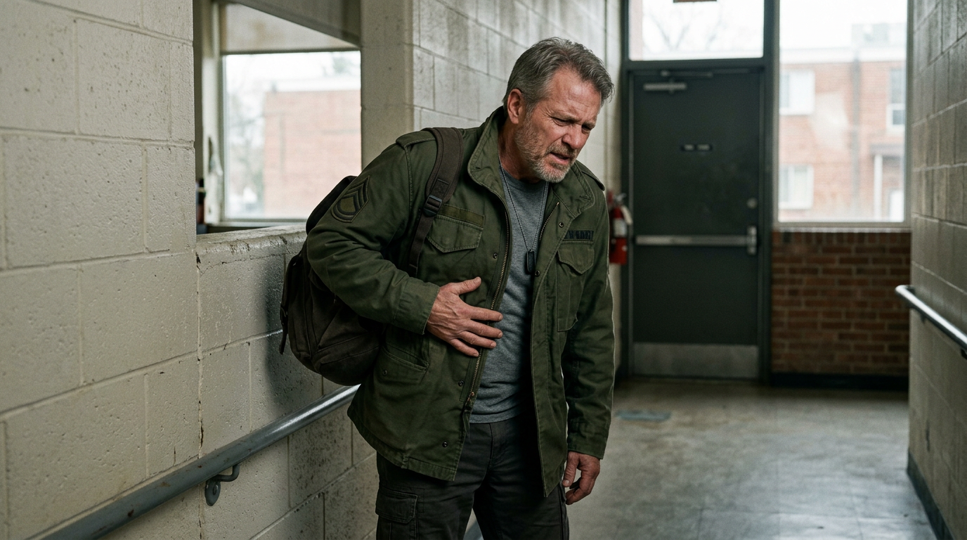 Photograph of a veteran stopped in a hallway, hunched and holding his ribs, taking a careful shallow breath