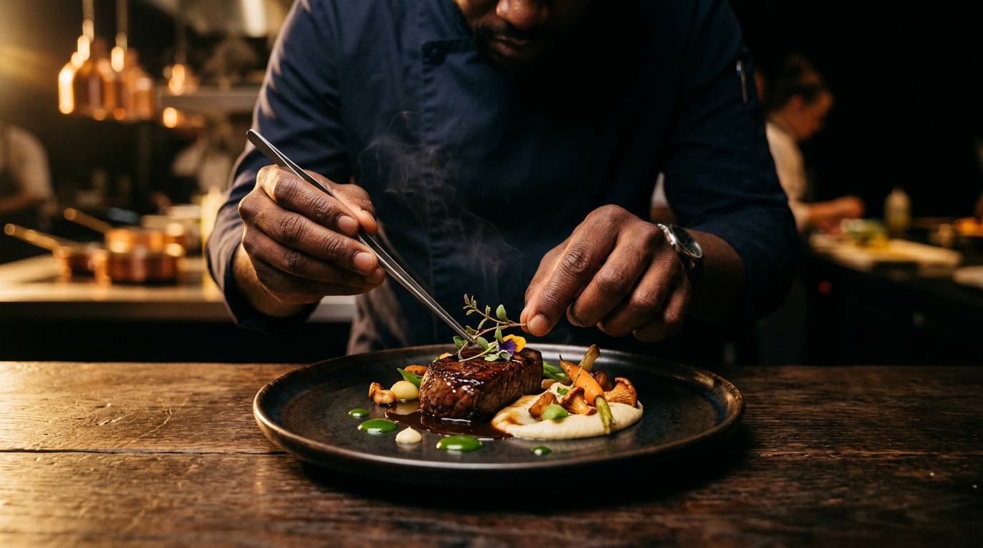 A chef's hands finishing an exquisite dish as delicate steam rises in warm golden light