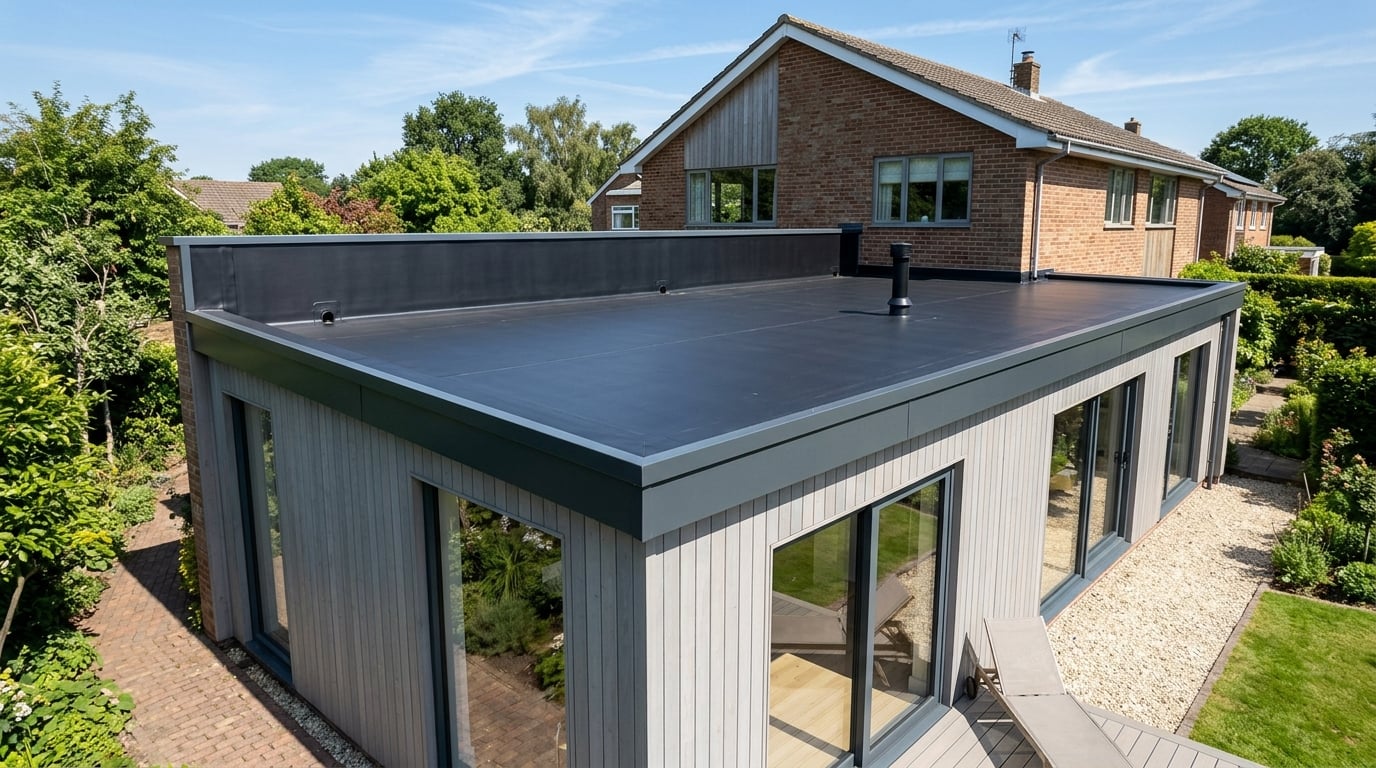 Neatly finished EPDM rubber flat roof on an extension
