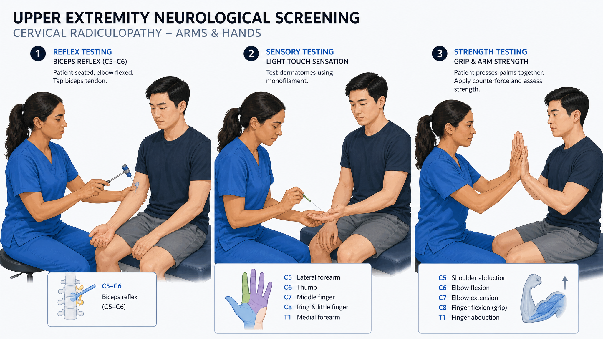 Clinician testing extremity reflexes, sensation and grip strength for radiculopathy screening