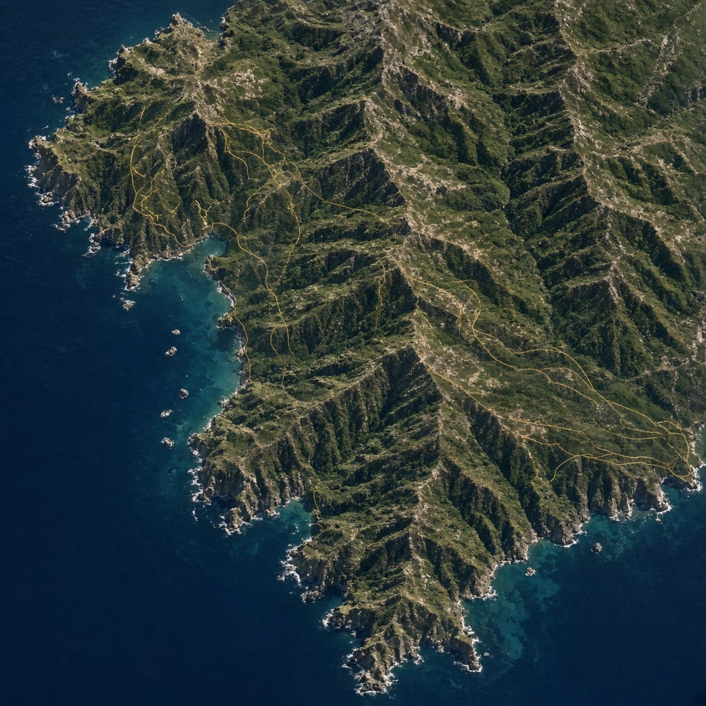 A representative study in which the artist traces an iconic mythological figure suggested by natural coastal and seabed topography