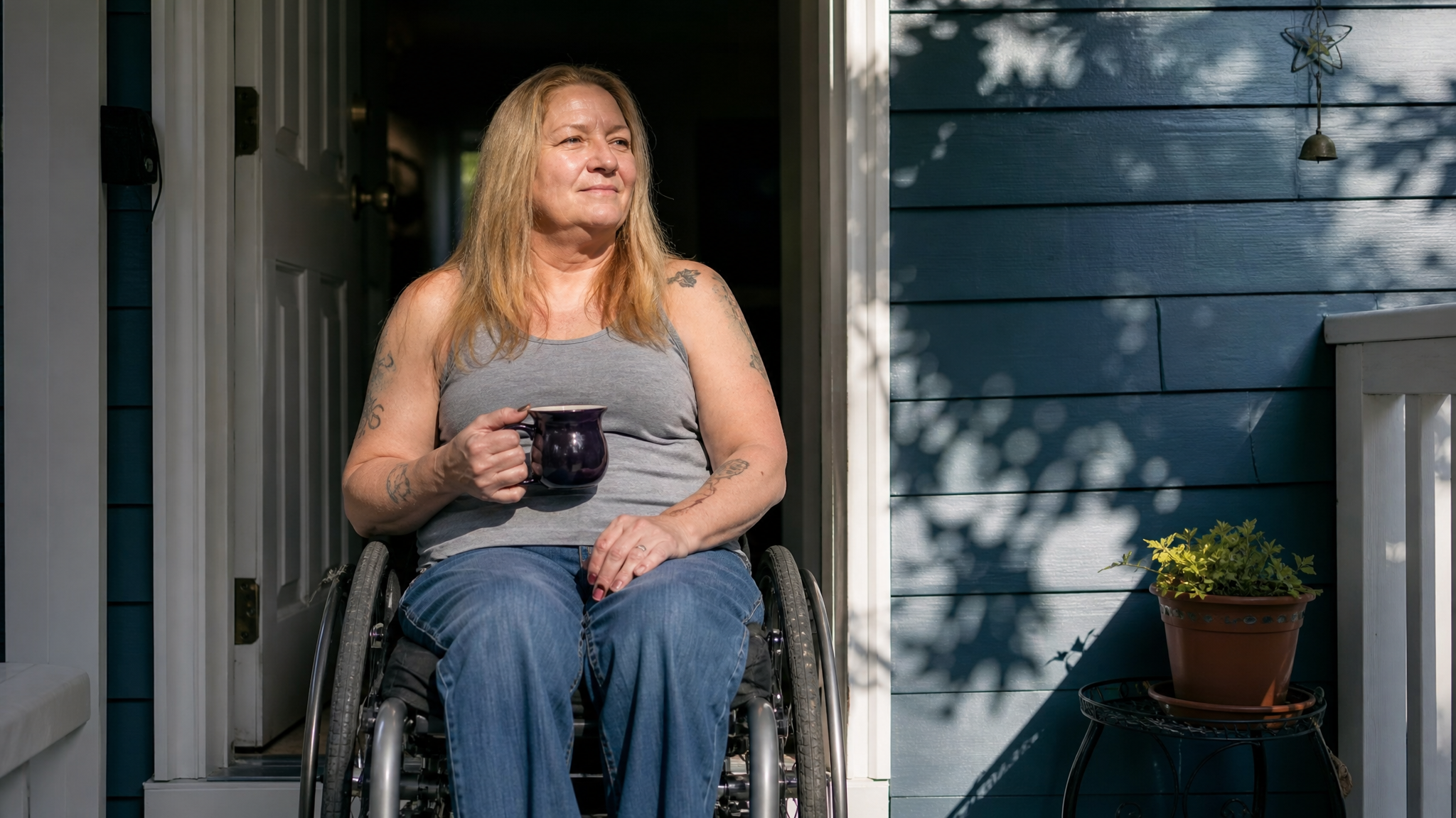 A veteran with a service-connected disability proudly standing in the doorway of her own home