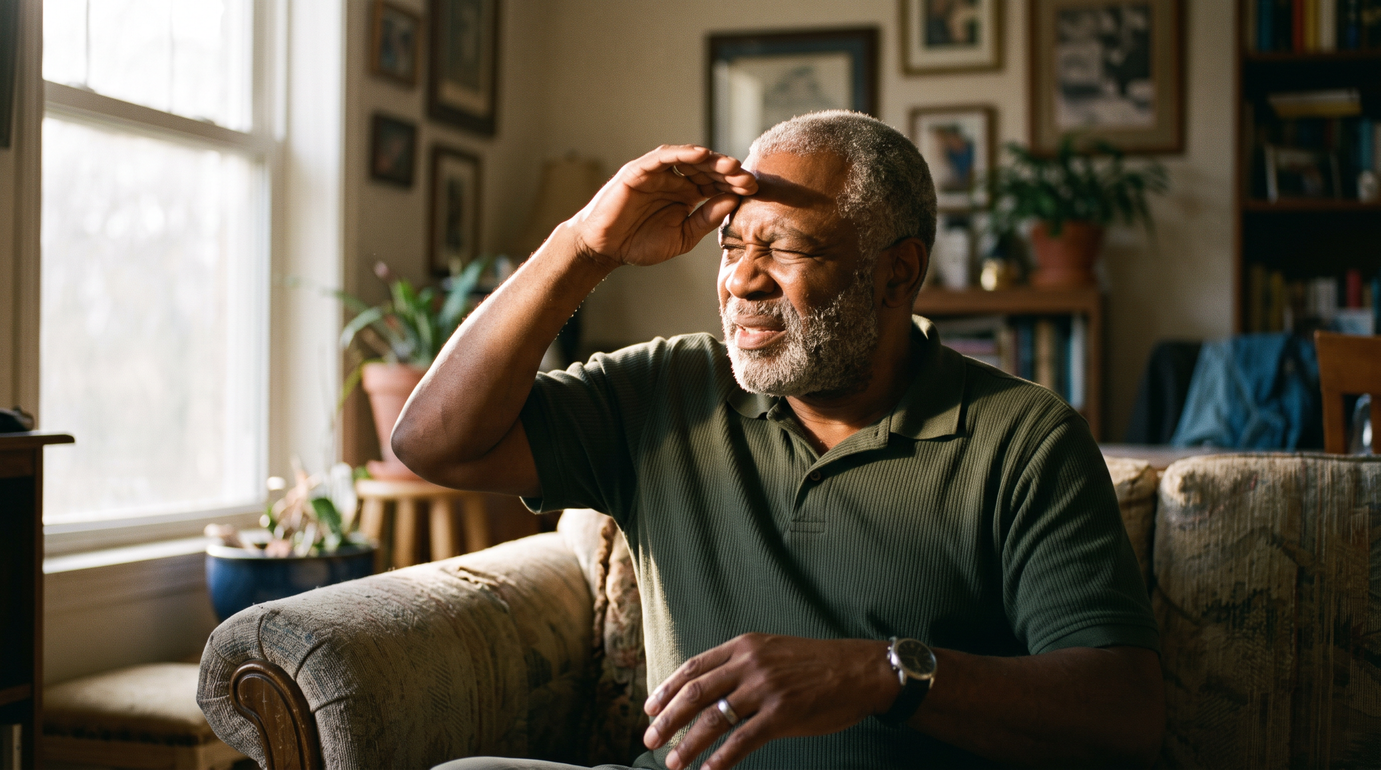 Black male veteran squinting and shielding his eyes from bright window light showing photophobia