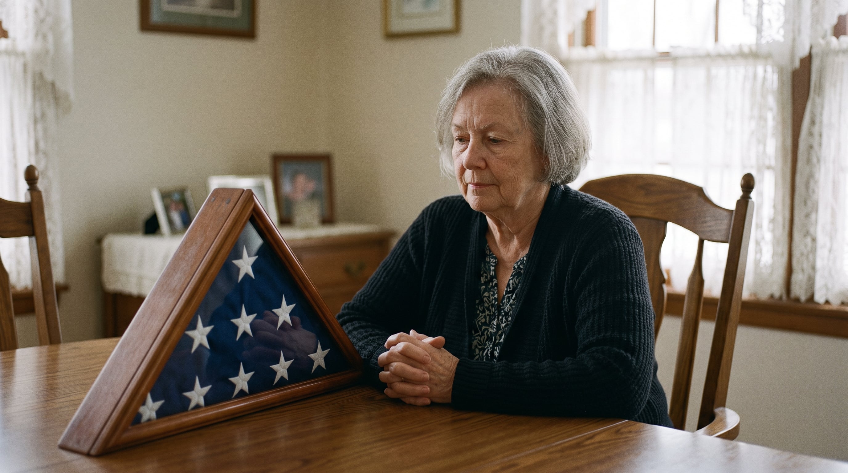 A White woman in her early 70s sitting quietly at her dining room table with a folded American flag in a triangular case in front of her