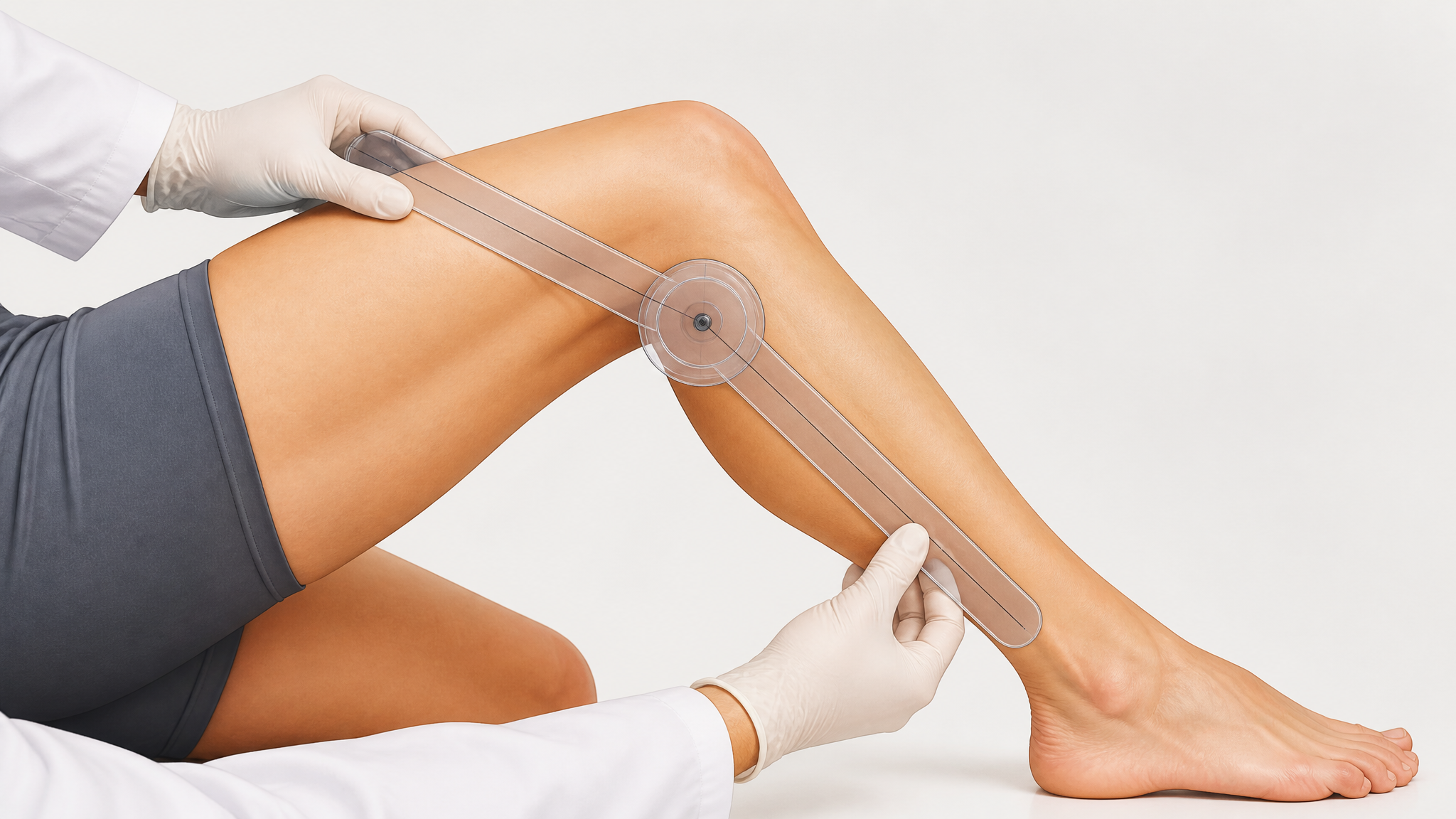 Clinical illustration of a goniometer positioned on the outer side of a knee measuring the joint angle with arms along the thigh and shin