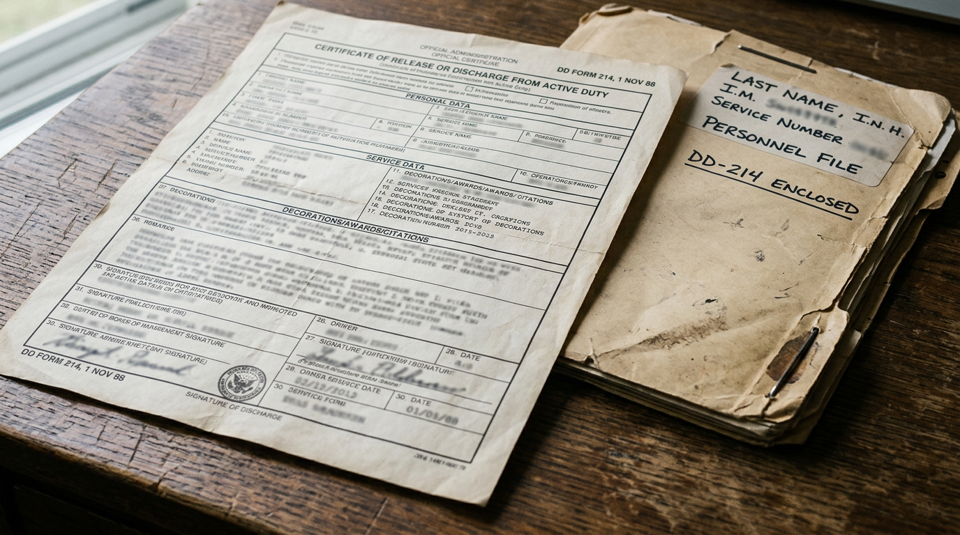 A veteran's DD-214 and discharge upgrade paperwork laid out for review