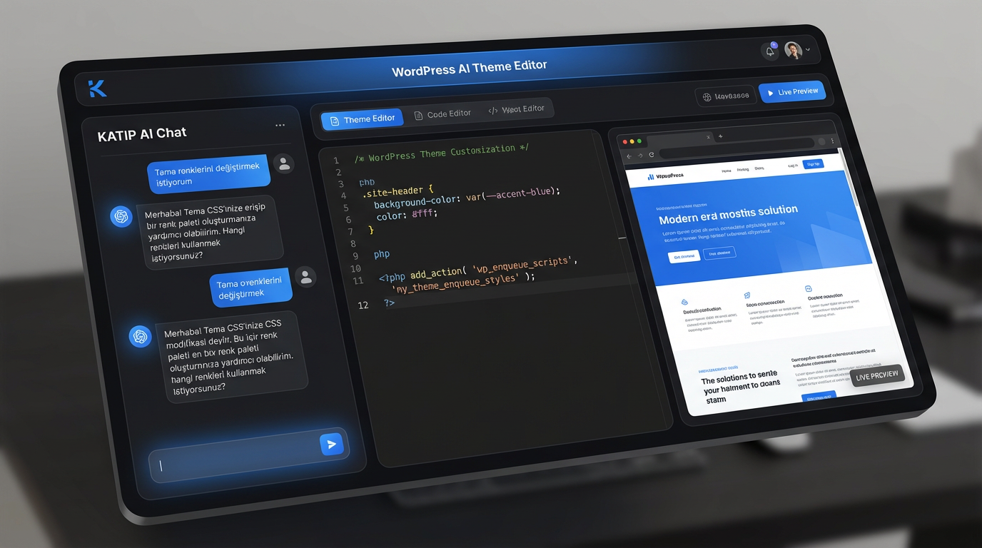 Katip AI Theme Assistant dashboard arayüzü - AI destekli WordPress tema düzenleme ekranı