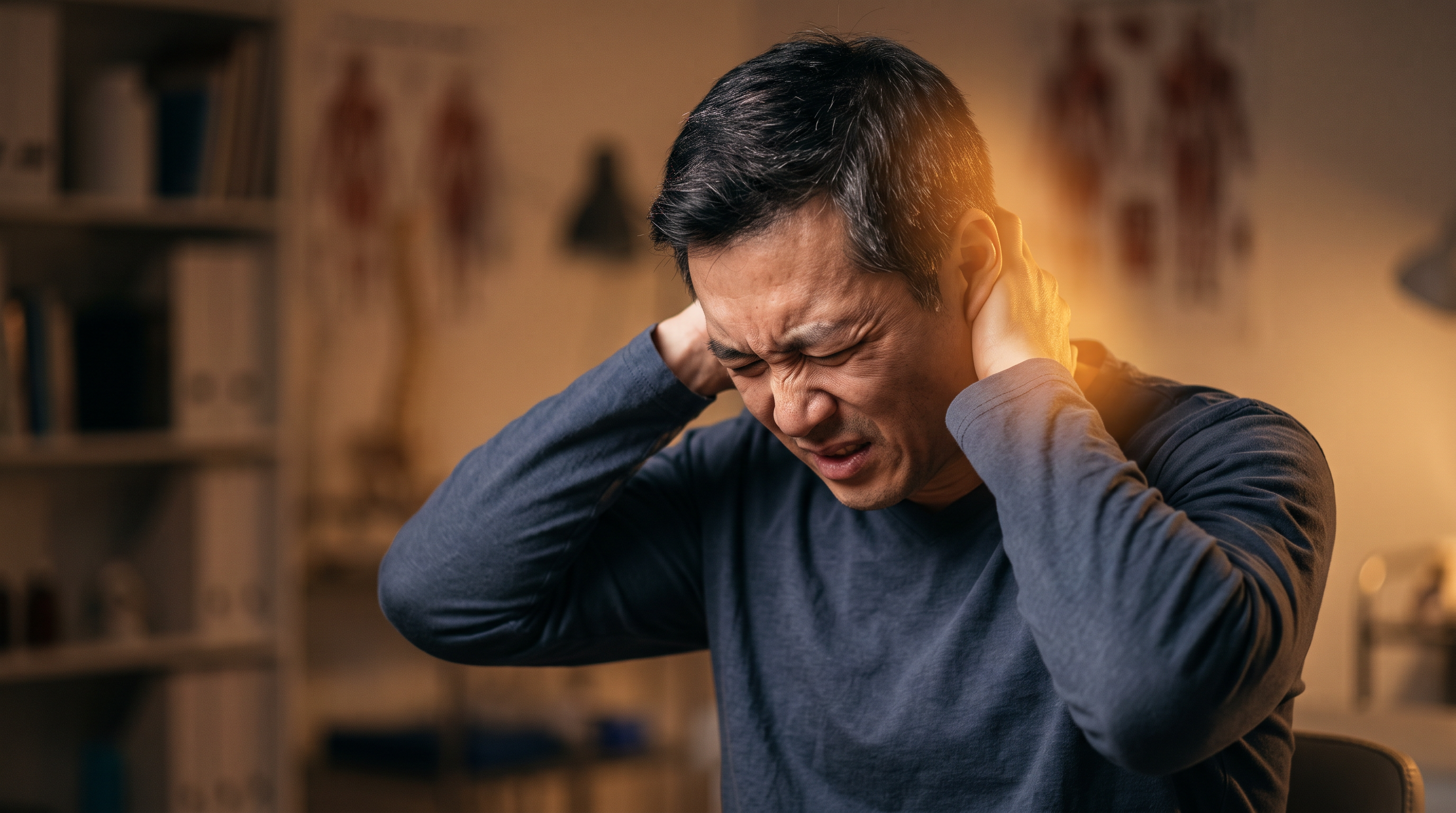 An East Asian man pressing both hands to the base of his skull with a headache radiating forward, an amber nerve glow at the upper cervical spine