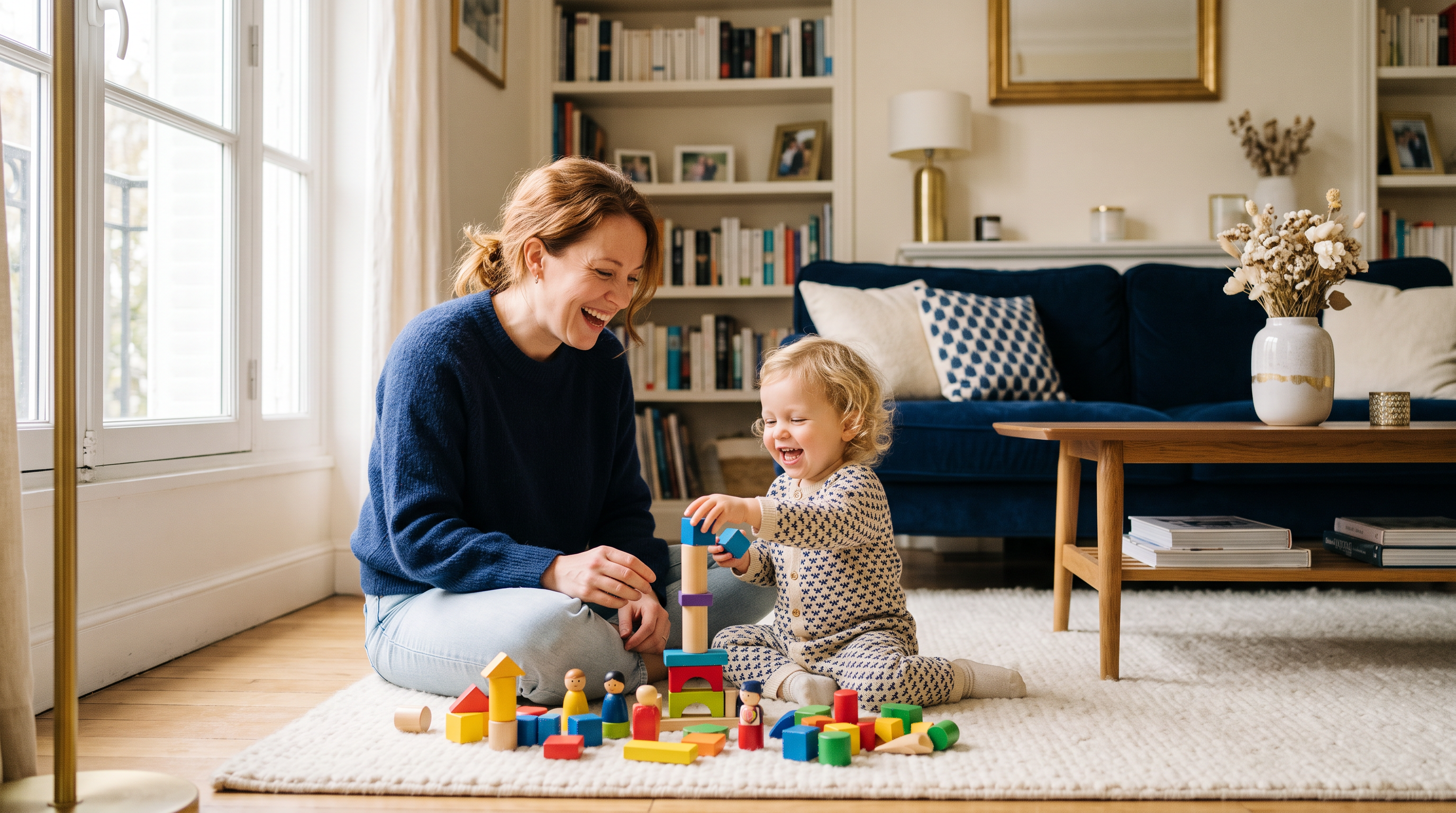 Parent and toddler playing with speech development toys together