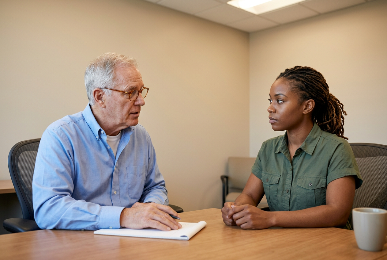 Older white male counselor with glasses meeting across a desk with a young Black female veteran to discuss the functional impact of her condition