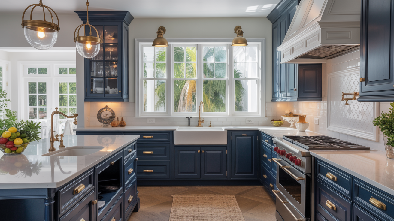 Luxurious kitchen featuring navy blue cabinetry, gold hardware, and a farmhouse sink, illuminated by pendant lights, showcasing Italian Renner Wood Coatings and a dust-free, factory-smooth finish.