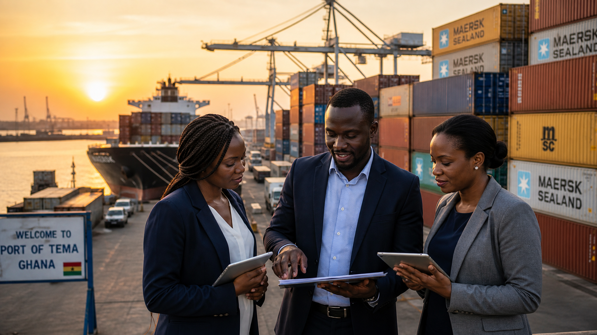 Ghanaian business professionals reviewing export documents at a busy cargo port with shipping containers and a vessel in the background