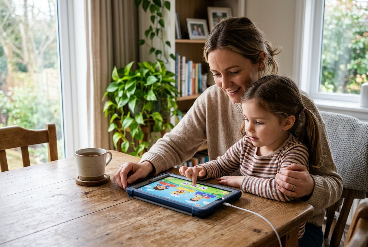 A parent and child safely using a tablet together at home