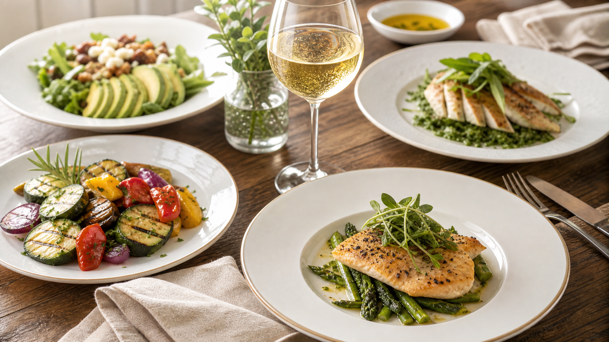Elegante tafel met kleurrijke low-carb gerechten en een glas droge witte wijn