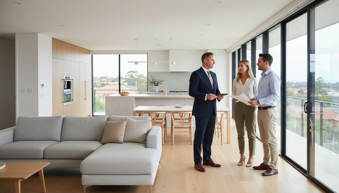 Real estate agent consulting with homeowners in modern apartment