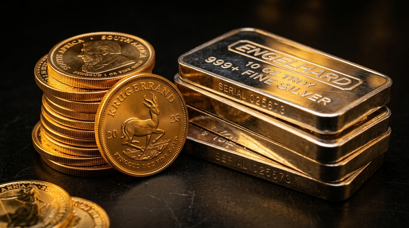 Stacked gold coins and silver bars