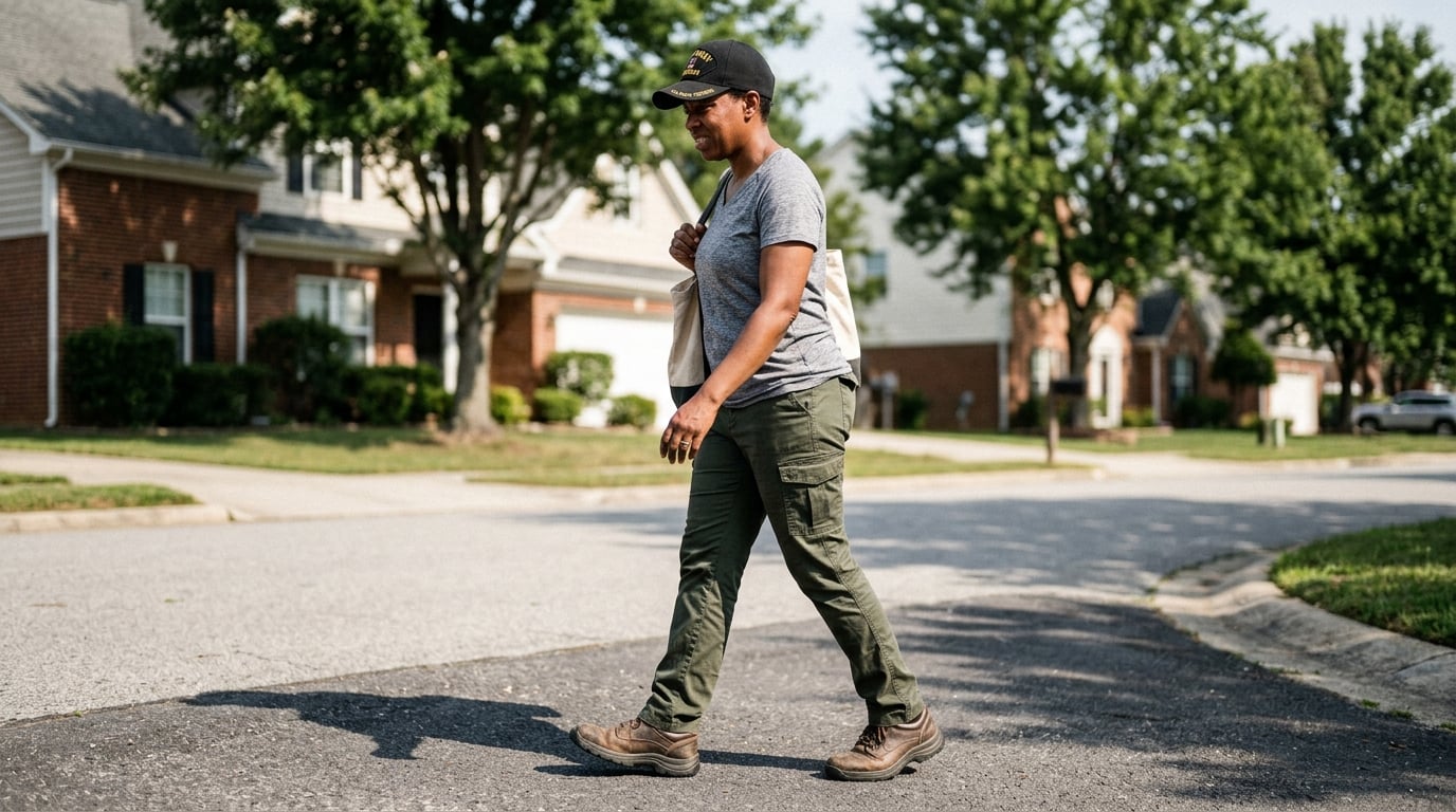 A woman veteran walking with a painful limp
