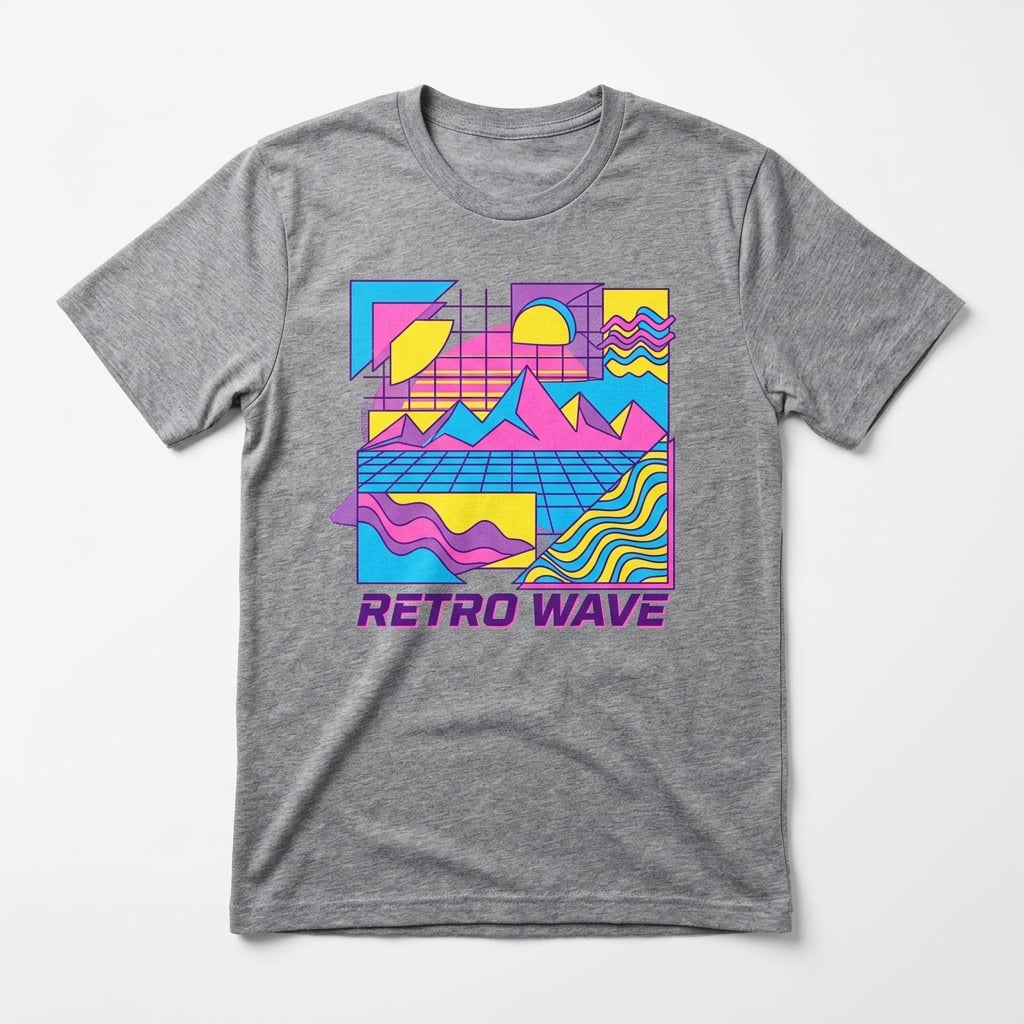 Retro geometric graphic DTF transfer on heather gray t-shirt
