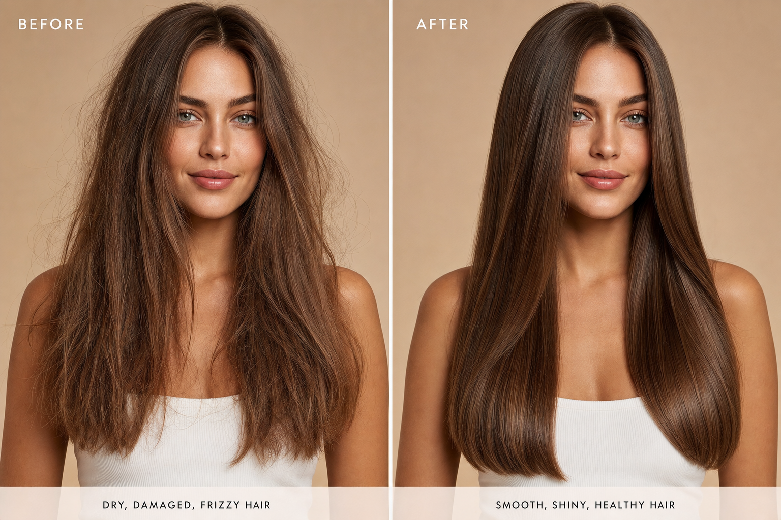 Before and after keratin treatment - damaged to healthy hair