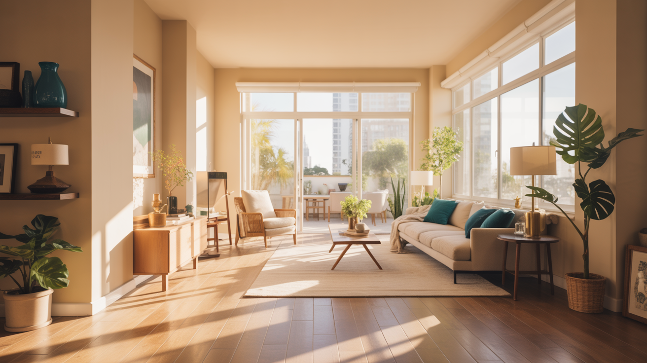 Bright modern apartment living room with teal accents and natural sunlight