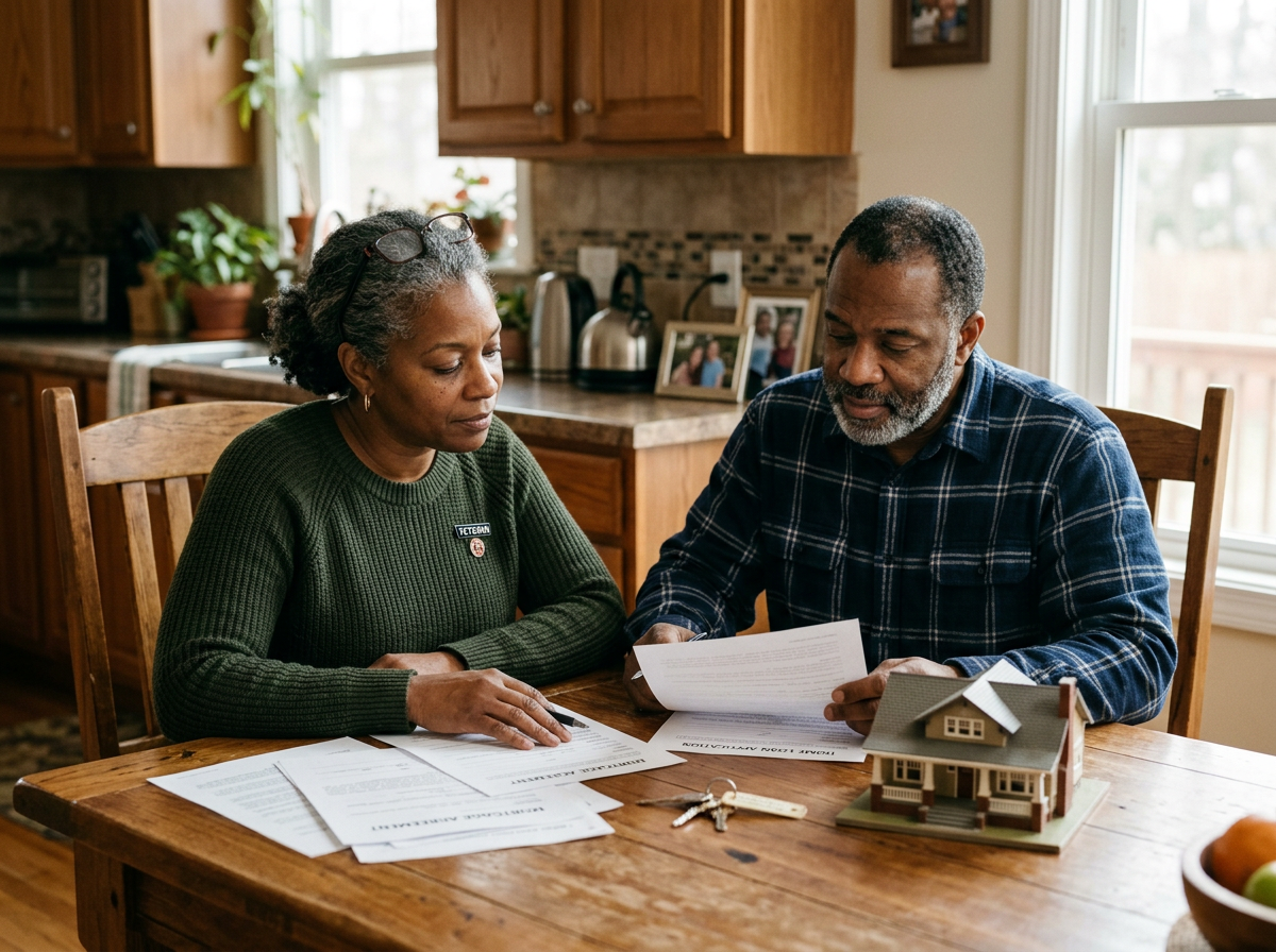 Veteran and her husband at a kitchen table with house keys and mortgage paperwork