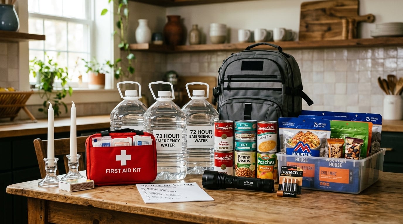 A 72-hour home emergency kit organized on a table with water jugs, canned food, flashlight, batteries and a first-aid kit