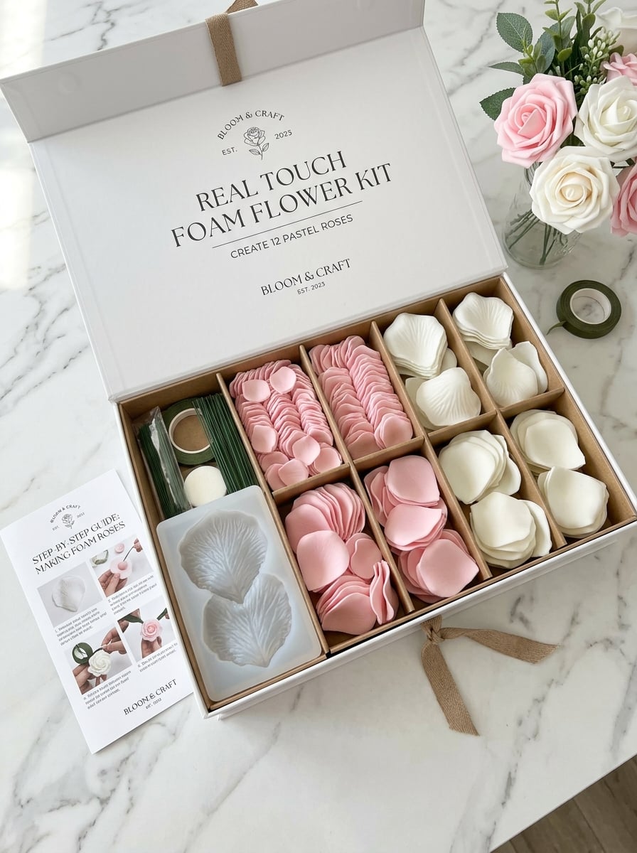 Open real touch foam flower kit box showing pre-cut petals, reusable mold, and instruction sheet