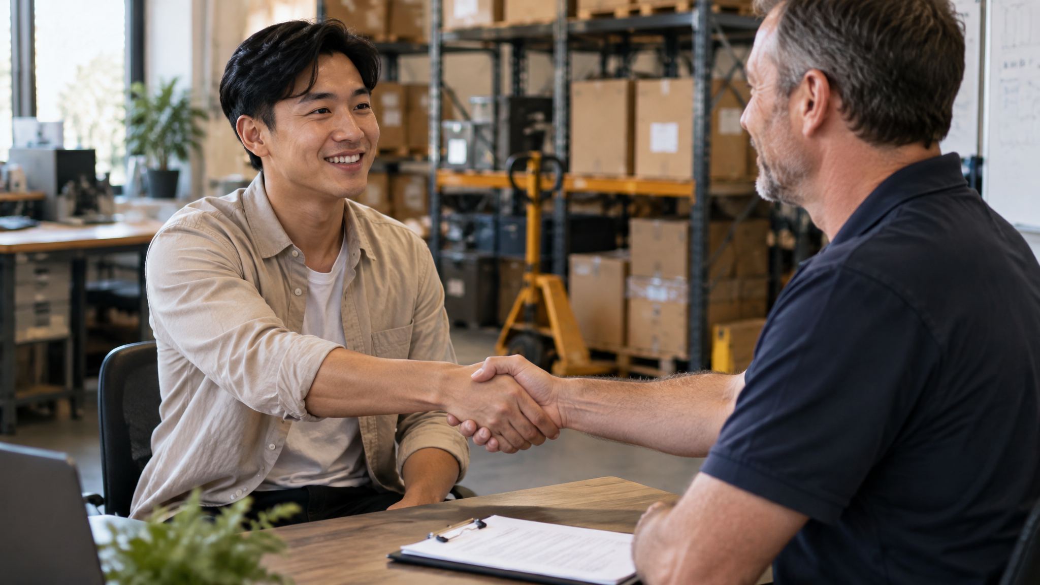 Job candidate shaking hands with a manager in a Melbourne warehouse office