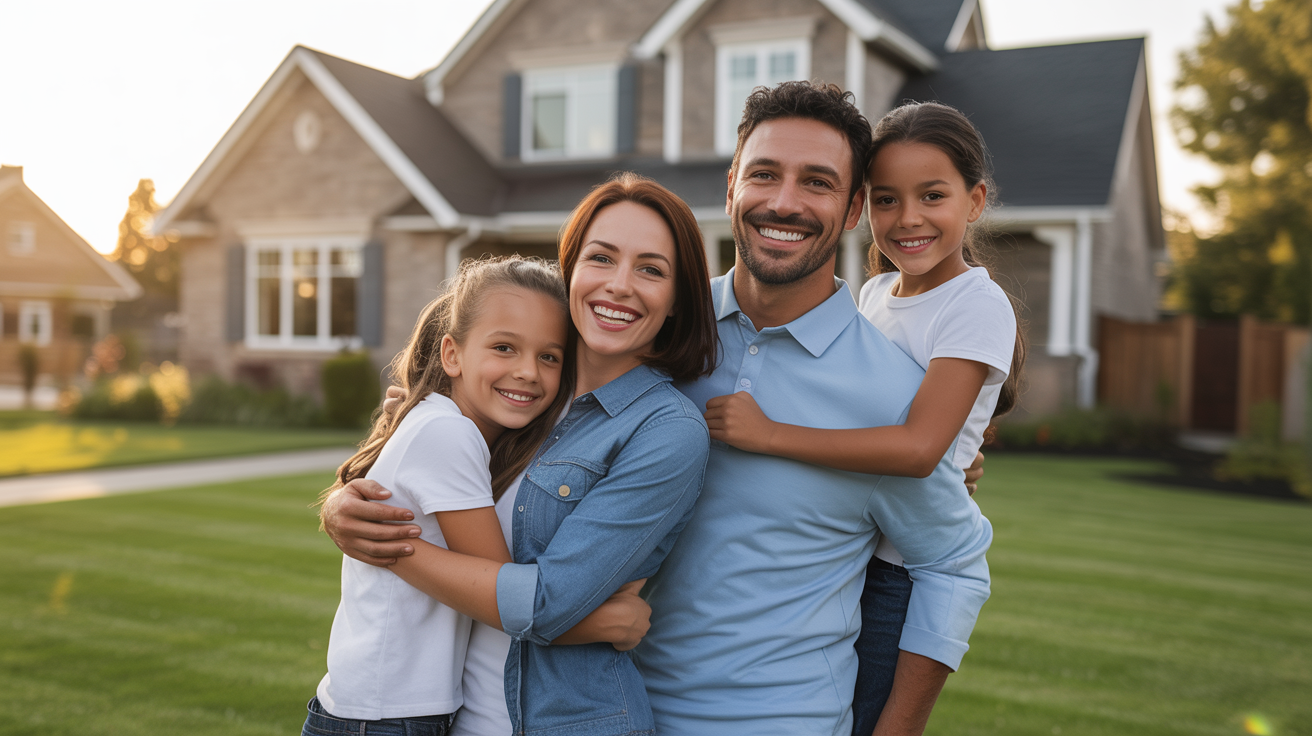 Happy family standing in front of their home, feeling secure with mortgage protection