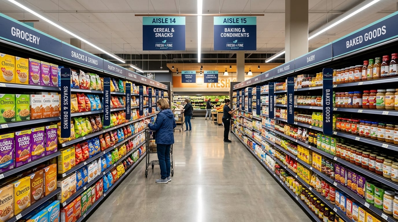 Interior de supermercat amb productes als prestatges representant la distribució comercial