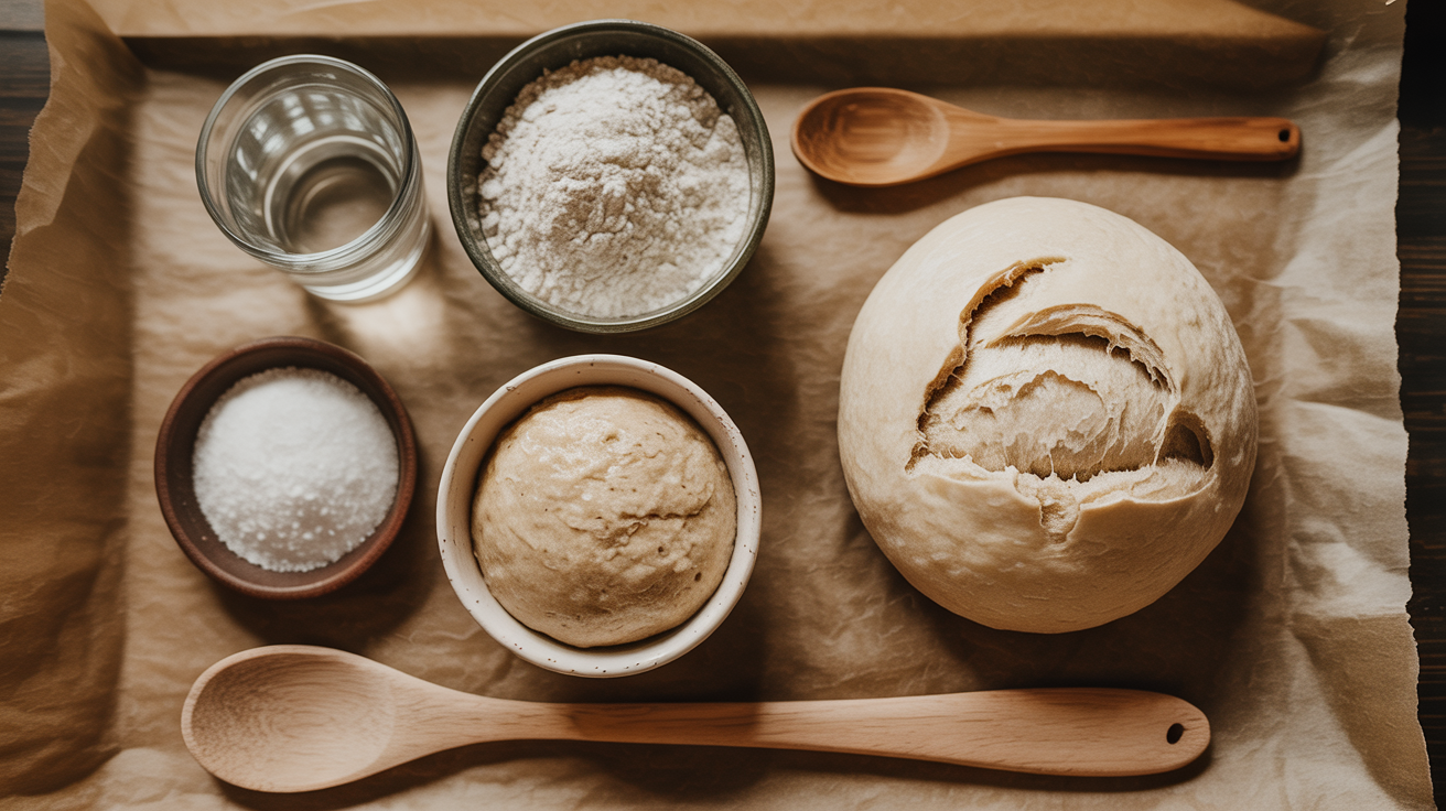Overhead flatlay of measured sourdough ingredients in bowls on parchment paper